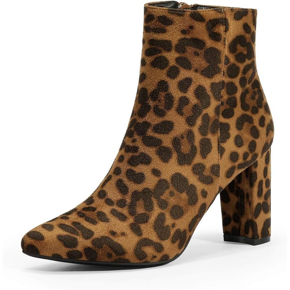 Dream Pairs Women's Leopard Pointed Toe Fur Lining Block Heel Ankle Booties